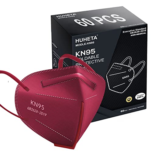 HUHETA KN95 Face Mask 60 PCs, 5-Ply Safety Masks for Men and Women, Filter Efficiency Over 95% (Red Mask) - color: Red