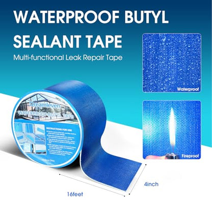 Blue Waterproof Butyl Sealant Tape with Strong Adhesive,Heavy Duty Duct Tape for Pool Cover,Pool Liner Repair,RV Awning,Camper Patch,Pipe,Boat Leak Sealing,Roof Crack and Holes,Gutters Fix(4" x 16Ft) - size: 4In*16Ft