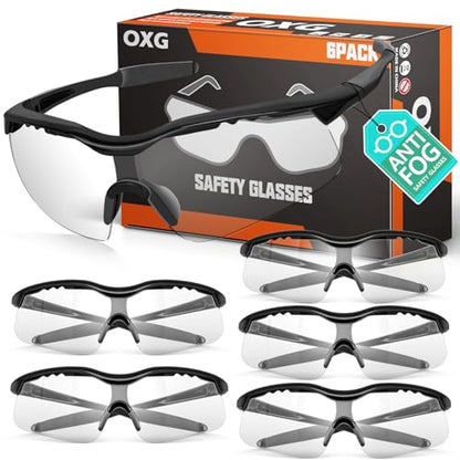 OXG 6 Pack Anti-Fog Safety Glasses, ANSI Z87+ Impact & Scratch Resistant Protective Eyewear for Work, Lab, Construction - color: Clear