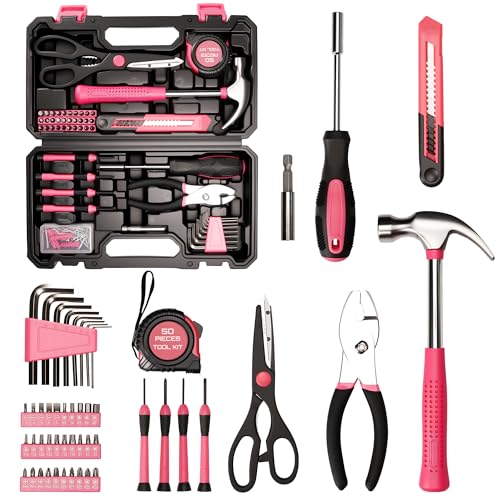 50-Piece Pink Tool Set for Women, Household Small Tool Set with Storage Toolbox for Home Repairs, Hand Tool Kit for College, Dorm, Office