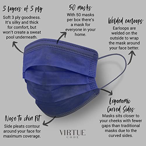 VIRTUE CODE On The Go Curved Face Masks - Soft 3 Ply Comfort 50 Disposable Face Masks - color: Blue