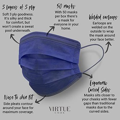 VIRTUE CODE On The Go Curved Face Masks - Soft 3 Ply Comfort 50 Disposable Face Masks - color: Blue