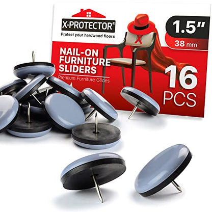 Chair Glides X-PROTECTOR – 1.5" Furniture Glides 16 pcs – Best Nail on Furniture Sliders – Premium Chair Leg Floor Protectors – Slide Effortlessly with Chair Leg Pads That Protects Your Floor! - size: 1.5" 16 PCS Grey