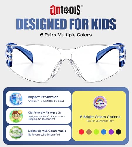 AnTools 6-Pack Kids Safety Glasses, ANSI Z87.1 & EN166 Certified Youth Protective Eyewear, Anti-Fog UV Protection, Scratch-Resistant, Lightweight for School, DIY & Outdoor Activities, Multicolor