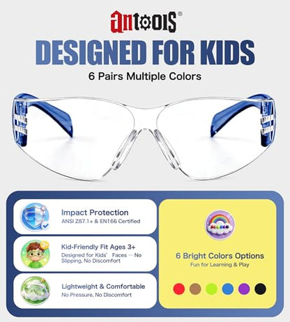 AnTools 6-Pack Kids Safety Glasses, ANSI Z87.1 & EN166 Certified Youth Protective Eyewear, Anti-Fog UV Protection, Scratch-Resistant, Lightweight for School, DIY & Outdoor Activities, Multicolor