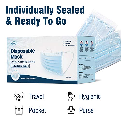 WECARE Disposable Face Mask Individually Wrapped - 50 Pack, Printed Masks - 3 Ply - color: Blue