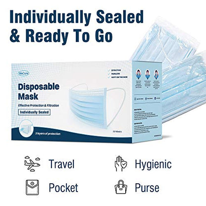 WECARE Disposable Face Mask Individually Wrapped - 50 Pack, Printed Masks - 3 Ply - color: Blue