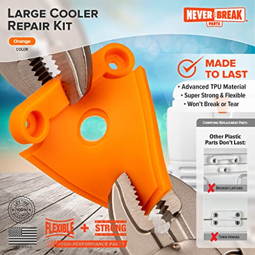 NeverBreak Parts - Igloo Cooler Replacement Parts - Large Repair Kit | High Strength Igloo Cooler Hinges Replacement with Latches | Ice Chest Repair Kit - color: Orange