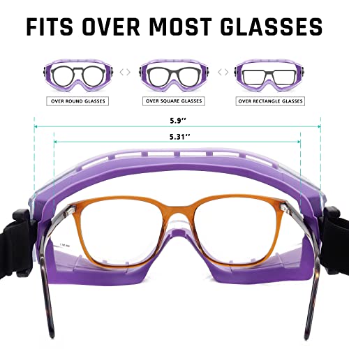 UKNOW Safety Goggles Over Glasses - Anti-Fog Clear Lens - ANSI Z87.1 Certified Eye Protection for Lab Work, Industrial Use - color: Violet