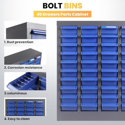 Large Parts Cabinet : 40-Drawer Nut and Bolt Organizer with ABS Drawers, Adjustable Dividers, Labels, 420-Pound Capacity for Hardware Storage (21x9x25In) - size: 40-Drawer