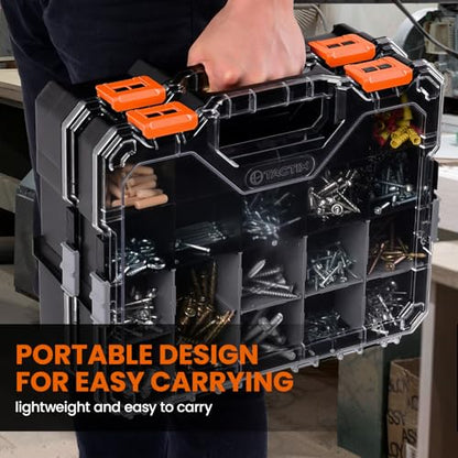 2PC Interlockable Tool Organizer, Toolbox with Adjustable Dividers & Bins & Transparent Lids Portable Hardware Storage Box for Screws, Nuts, Fishing Accessories (Black&Orange) - style: 2 PC Interlockable Organizer