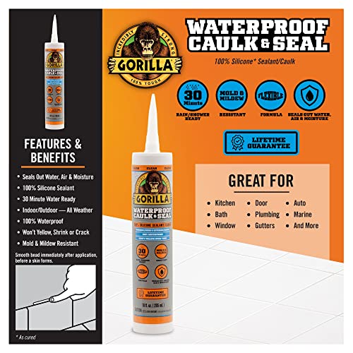 Gorilla Waterproof Caulk & Seal 100% Silicone Sealant; Clear; 10oz Cartridge (Pack of 6)