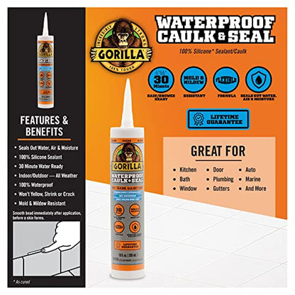 Gorilla Waterproof Caulk & Seal 100% Silicone Sealant; Clear; 10oz Cartridge (Pack of 6)