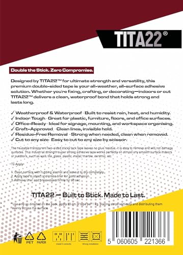 Double Sided Sticky Tape – 0.8 inch Wide, 16.4 ft Long, TITA22™ Clear Mounting Heavy Duty, Strong Adhesive, Removable & Residue-Free, Sticky Tape for Walls, Glass, Metal, Wood & More (16.4 FT)