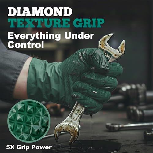 TitanFlex Heavy Duty Industrial Nitrile Gloves with Raised Diamond Texture, 8-mil, Latex Free (Green/Dark Green/Yellow) - color: 04 Dark Green (50ct), size: XX-Large