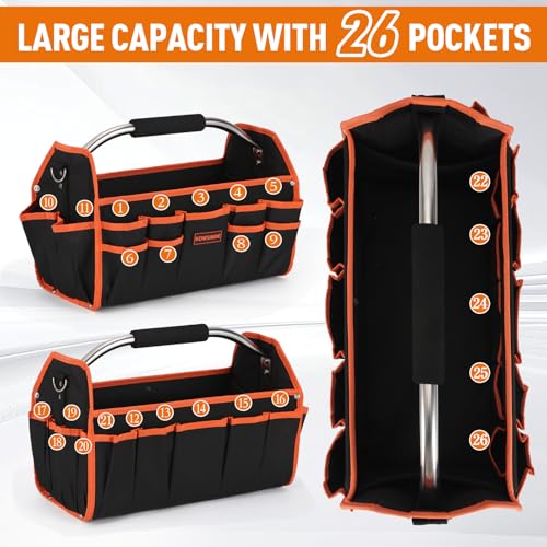 Kowsinde 18 Inch Tool Bag, Electrician Tool Bag, Open Top Tool Bags, 26 Pockets Can Hold Many Tools, Steel Handle and Removable Shoulder Strap - color: Orange