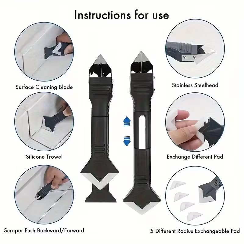 Silicone Caulking Tools-3 in 1 Sealant Finishing Tool Grout Remove Scraper Caulk Remover Glass Glue Angle Scraper for Bathroom,Kitchen,Floor,Window,Sink Joint,Frames Seal(9pcs/set)