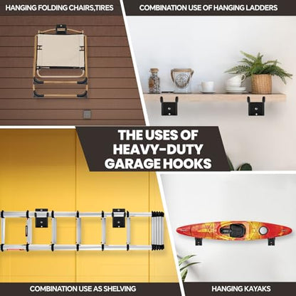 14" Large Heavy Duty Garage Hooks, 2-Pack Steel Garage Storage Hooks with Support Rods, Utility Wall Mount Hangers for Power Tools, Car Tires, Ladders, Chairs, Garden Tools and More - size: 2-Pack 14" Heavy Hooks