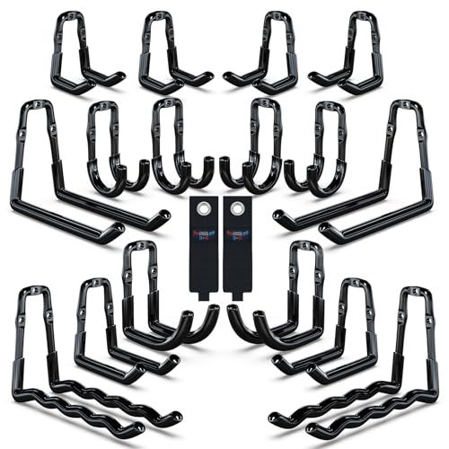 3-H Super Heavy Duty Garage Hooks 14 Pack, One-Piece Construction Garage Wall Hooks, Garage Hanger & Organizer Wall Mount for Ladders, Bikes, Chairs, WeedEaters, Shovels, Garden Tools (Black) - color: Black, size: 12