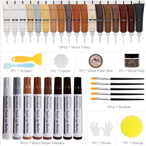 Wood Furniture Repair Kit- 40 Sets, Wood Fillers Hardwood Laminate Repair Kit with 18 Colors Oak Walnut, Wood Putty Touch Up Kit- Cover Wood Scratches, Stains, Holes for Table, Door, Veneer, Cherry