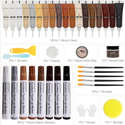 Wood Furniture Repair Kit- 40 Sets, Wood Fillers Hardwood Laminate Repair Kit with 18 Colors Oak Walnut, Wood Putty Touch Up Kit- Cover Wood Scratches, Stains, Holes for Table, Door, Veneer, Cherry