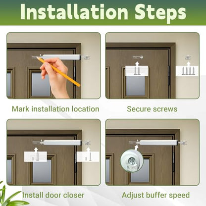 Storm Door Closer Kit with Protector Chains Spring, Complete Screen and Storm Door Hardware Repair Kit with Pneumatic Closer & Latch Set, Adjustable Closing Speed (White) - size: White - 1 Pack