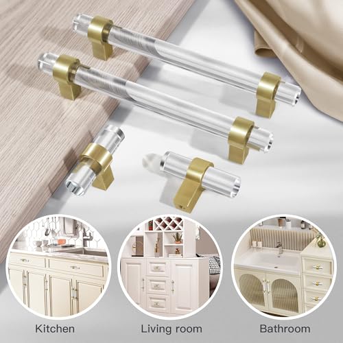 3-3/4 Inch Brass Cabinet Pulls, Clear Glass Crystal Gold Drawer Pulls and Handles (96mm, 10 Pack) - color: Brushed Gold, size: Hole Center : 3-3/4 Inch (96mm), style: 10 Pack