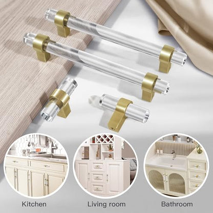 3-3/4 Inch Brass Cabinet Pulls, Clear Glass Crystal Gold Drawer Pulls and Handles (96mm, 10 Pack) - color: Brushed Gold, size: Hole Center : 3-3/4 Inch (96mm), style: 10 Pack