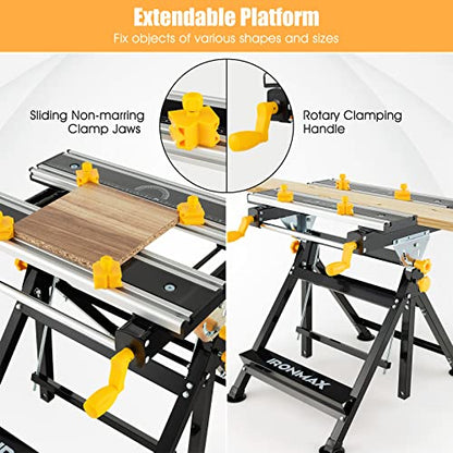 Portable Workbench, Folding Work Bench and Vise with 2 Rotary Handles, 7-Level Adjustable Height, 8 Sliding Clamps, Tiltable & Extendable Tabletop, Workbench Table for Garage, Workshop