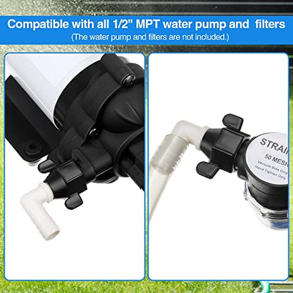 Dreyoo 1/2" x 14 NPT x 1/2" Barb Elbow and Straight Swivel Adapter RV Water Pump Fittings with Thread Seal Tape, 1/2 Inch Female Threaded Pex Fittings for Water Pump Strainer