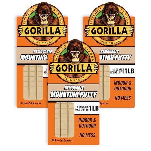 Gorilla Mounting Putty, Natural Tan Color, 84 Pre-Cut Squares (Pack of 3) - Non-Toxic Removable & Repositionable Wall Putty - size: 3- Pack, style: 2 Ounce