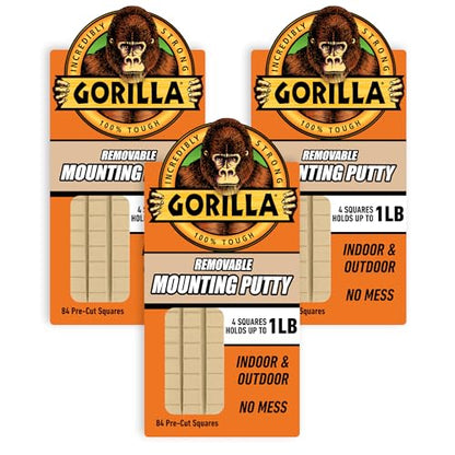 Gorilla Mounting Putty, Natural Tan Color, 84 Pre-Cut Squares (Pack of 3) - Non-Toxic Removable & Repositionable Wall Putty - size: 3- Pack, style: 2 Ounce