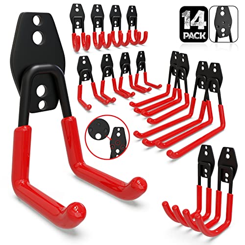 3-H Garage Wall Hooks 14 Pack,Garage Hooks Heavy Duty with Extra Welding Spots,Garage Hooks for Hanging,Garage Organizer for Garden,Lawn,Yard Tools,Chairs,Ladders,WeedEater,Shovel,Blower(Red) - color: Red, size: 14
