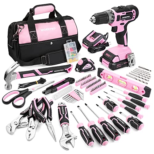 WORKPRO Pink Tool Kit with Drill, Tool Set with 20V Cordless Lithium-ion Drill Driver, Pink Drill Set for Women, 157PCS Home Tool Kit, Lady's Repairing Kit with 14-Inch Storage Bag - Pink Ribbon - color: Pink