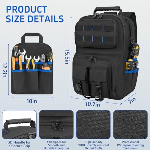 Backpack Tool Bag with Movable Base Plate, Heavy Duty Tool Storage with Removable Tool Organizer, Durable Water Resistant for Electricians & Home Repair-Version 4.0- Black&Blue - color: Black&Blue