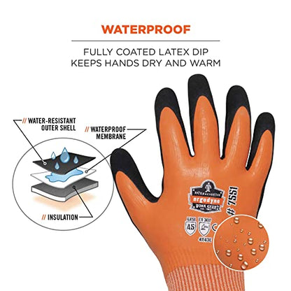 Ergodyne ProFlex 7551 Waterproof Winter Work Gloves, Cut Resistant ANSI A5, Sandy Nitrile Coated Palms, Thermal Fleece Lining Orange - size: Large (Pack of 1)
