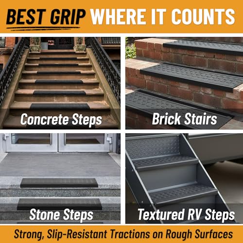Ottomanson Bullnose Stair Treads Outdoor – Coin Heavy-Duty Non-Slip Stair Mats – Best Grip on Concrete, Brick & Textured Step – Fastening Required for Wooden & RV Steps, Pack of 5 - color: Black Coin - Bullnose