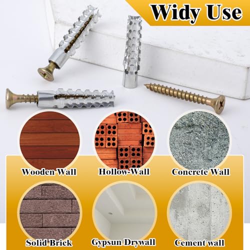 80pcs Tree Shaped Wall Anchor with Screws, M6 Loose Hinge Hole Expansion Screws Anchors, Heavy Duty Steel Repairing Kits for Hollow Concrete Wall Drywall- Silver & Gold