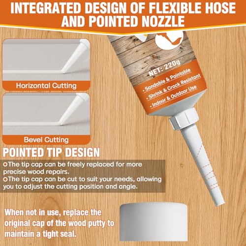 Wood Filler,220g Paintable & Sandable Wood Putty –Low Odor, Shrink & Crack Resistant-Quick Repair for Cracks, Holes and Damage-For Indoor & Outdoor Wood Repair(White)