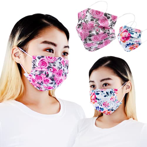 Disposable Safety Mask 3 Layer Protection Face Mask for Adults 50 pcs (Flower Print) - color: Flower Print