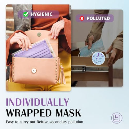 Disposable Face Mask For Adults - Travel Essentials, 100 Pack Individually Wrapped, 4 Ply Protection,Safety Masks Disposable - color: Purple