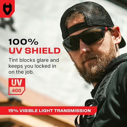 NoCry Safety Sunglasses with Green Tinted Wraparound Lenses; Tinted Safety Glasses for Men and Women with Adjustable Arms & No-Slip Grips; Work Glasses with UV 400 Protection; ANSI Z87.1 Rated - color: Black & Red
