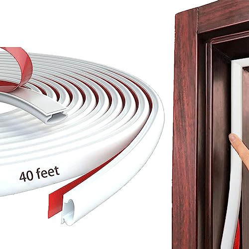 White Rubber Weather Stripping Door Seal Strip, D Shape Door Weather Seal Strip, Self-Adhesive Soundproofing Frame Insulation Tape for Doors Frame/Window Seal,Blocks Cold Drafts Noise - color: White, size: 40 Feet