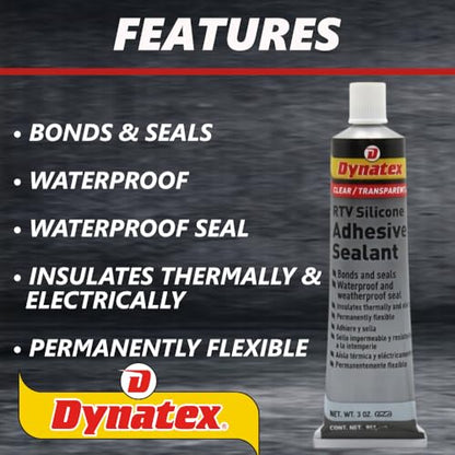 Dynatex 143372 Clear RTV Silicone Adhesive/Sealant, 85g Waterproof RTV Sealant, Single Component RTV Silicone Sealant, Permanent Flexibility, Insulates Thermally and Electrically