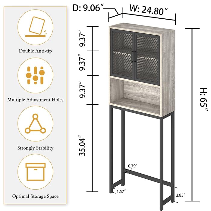 Launica Bathroom Space Saver, Over The Toilet Storage Cabinet, Metal and Wood Industrial Organizer Stand Above Toilet, Freestanding Rack Behind Toilet with Shelf, Light Grey Oak - color: Light Grey Oak
