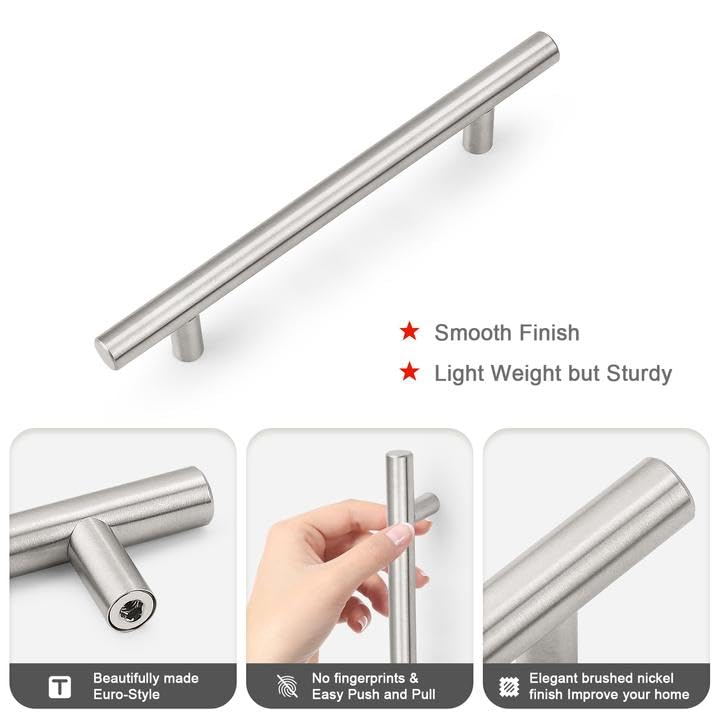 Probrico 5 Pack 128mm(5inch) Hole Centers Brushed Nickel Cabinet Handles Stainless Steel Drawer Handle Length 192mm(7.5inch) T Bar Dresser Pull Handle - color: Brushed Nickel, size: Hole Centers: 5"
