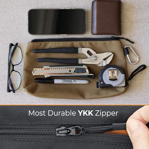 COREFLEX Premium Tool Pouch Zipper Bag, Small Tool Bag, Multipurpose Storage pouch, Heavy duty Flat Bottom Tool bag with YKK Zipper (3 pack Medium 10inch) - size: 3 pack Medium 10inch Khaki