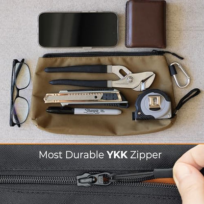 COREFLEX Premium Tool Pouch Zipper Bag, Small Tool Bag, Multipurpose Storage pouch, Heavy duty Flat Bottom Tool bag with YKK Zipper (3 pack Medium 10inch) - size: 3 pack Medium 10inch Khaki
