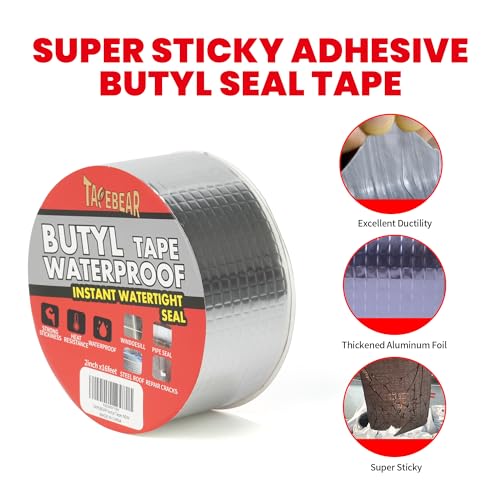 TAPEBEAR Butyl Tape Waterproof Sealing Tape 2inch x16feet, Upgraded Aluminum Foil Tape Heavy Duty for RV Repair, Awning, Window, Glass & EDPM Roof Leak Patching, Boat and Pipe Sealing, Silver - size: 2inch x16.4feet