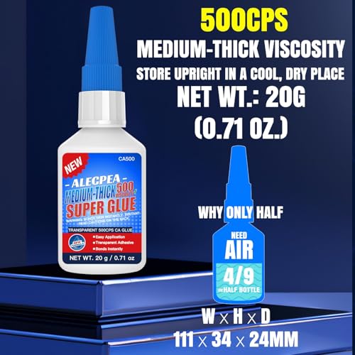 20g Medium-Thick CA Glue (500 CPS), Instant Clear Cyanoacrylate Glue for Wood, Glass, Metal, Paper, Leather, Plastic, Ceramic, Rubber, Jewelry, Woodworking, Hobby Models, and Craft Project - size: Clear/500CPS